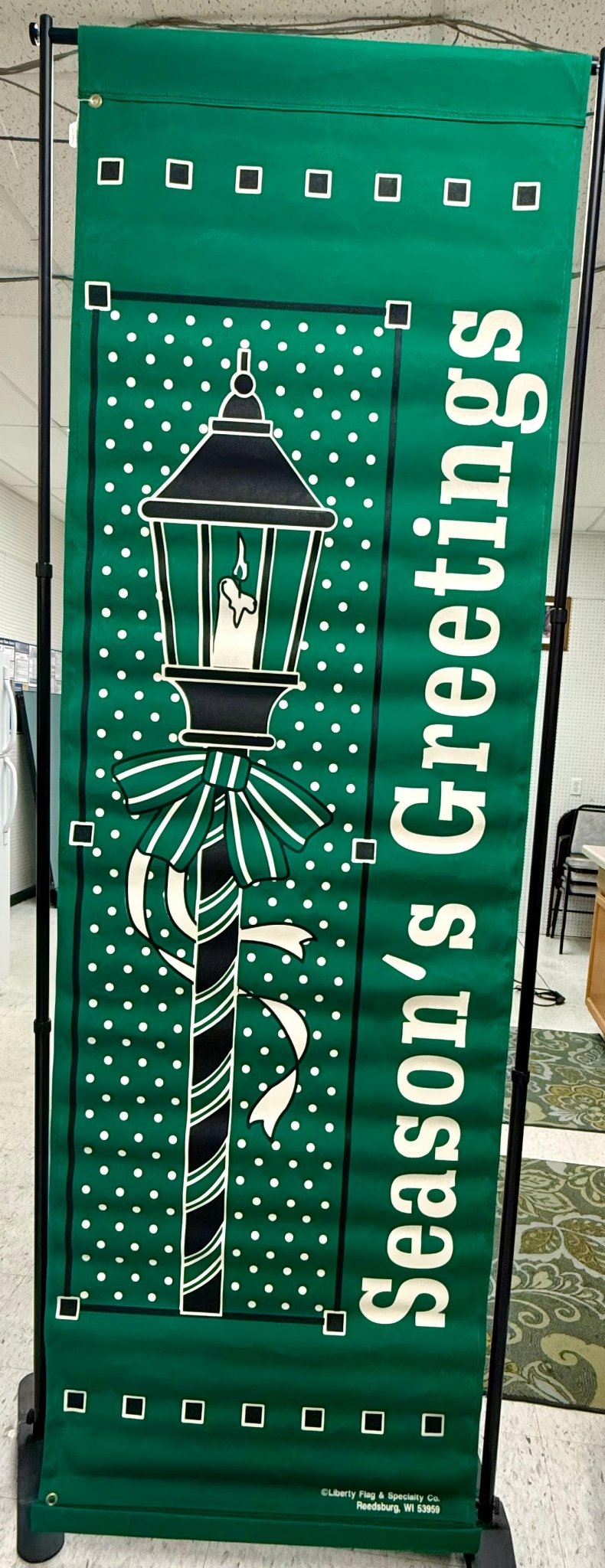 96" x 30" Sunbrella Street Banner - Season's Greeting Lamp Post - L. green - Liberty American Made Solutions