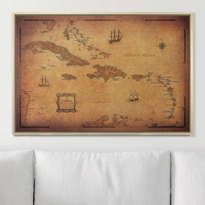 Push Pin Caribbean Map - Golden Aged - Pins Included! - Liberty Flag & Specialty