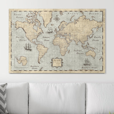 Push Pin World Map Pin Board - Rustic Vintage - Pins Included! - Liberty Flag & Specialty