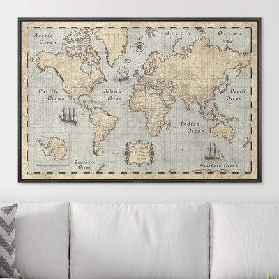 Push Pin World Map Pin Board - Rustic Vintage - Pins Included! - Liberty Flag & Specialty